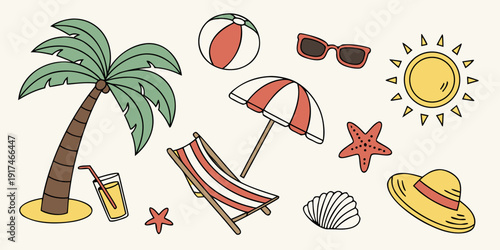 Vibrant beach scene with palm trees, sun, and relaxing elements