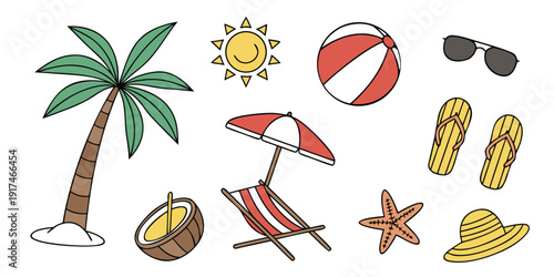 Vibrant summer beach scene with various objects and symbols