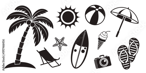 A collection of various beach and summer-themed icons and illustrations