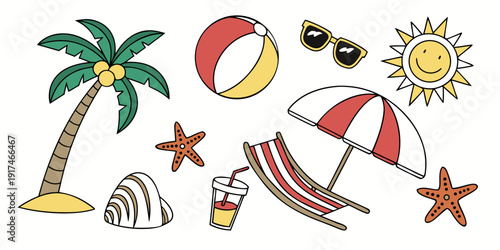 Vibrant beach scene with palm tree, sun, and beach items