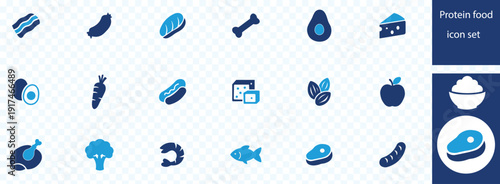 Collection of protein food icons featuring various types of meat, dairy, and plant-based options for nutrition and healthy eating