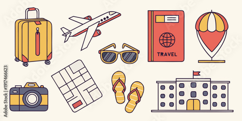 Collection of travel and vacation related items and icons