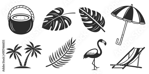 A collection of tropical and beach-themed icons including a sun, umbrella, and flamingo.