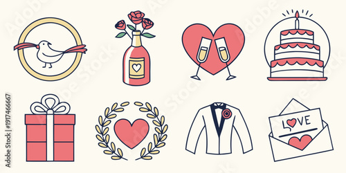 A collection of various symbols and icons representing love, friendship, and celebration.