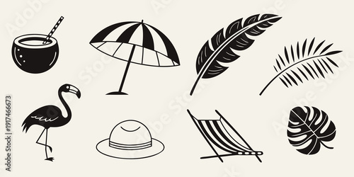 Vintage beach scene with tropical elements and flamingo illustration