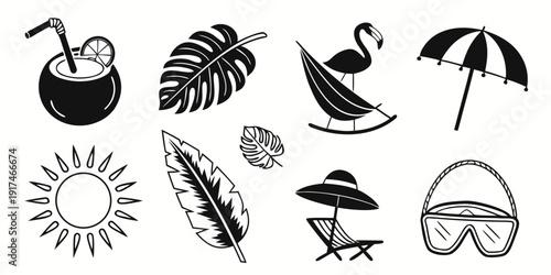 Assorted tropical and beach-related icons in a circular arrangement