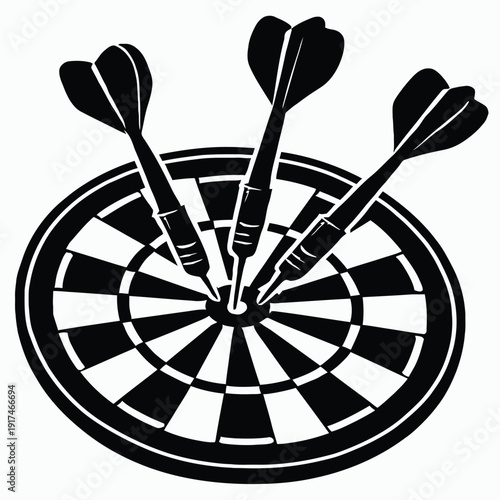 Three Darts Embedded in Dartboard - Isolated Black and White Illustration on White Background, Sports Game Vector