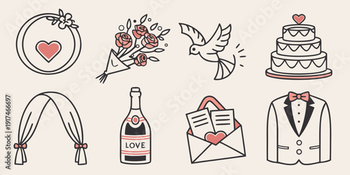 A collection of wedding and love symbols and icons