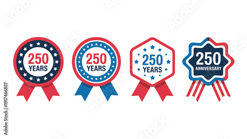 Set of 250 years anniversary badges with stars and ribbons