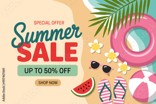 Summer sale advertisement with beach items and special offer discounts
