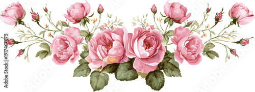 Decorative pink rose bouquet with stems and leaves, in a vintage style, vector illustration