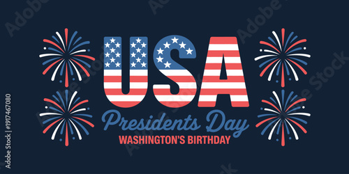 USA Presidents Day celebration with fireworks and American flag design elements on a navy blue background