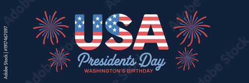 USA Presidents Day celebration with fireworks and patriotic text on dark blue background