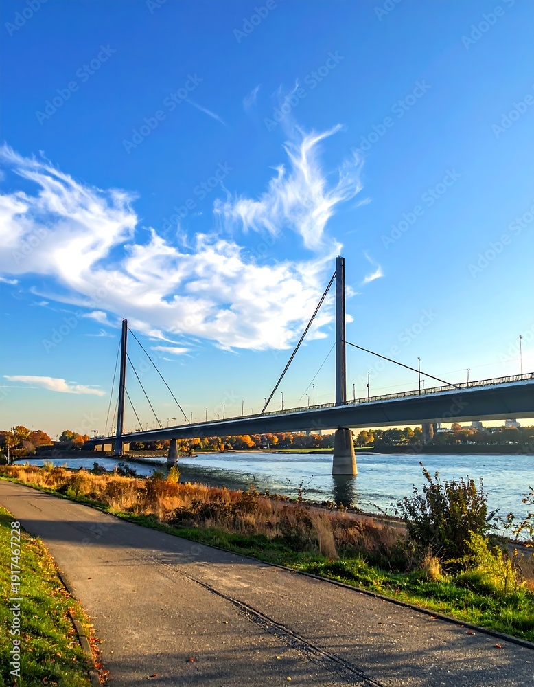 Fototapeta premium A pathway leads to a cable-stayed bridge over water, with a blue sky featuring wispy clouds in the background