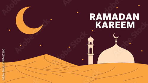 Ramadan Kareem greeting card with mosque and crescent moon in desert landscape