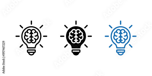 Light bulb brain icons with rays isolated on white background