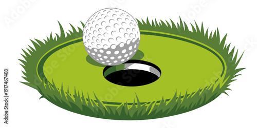 Golf ball on green putting hole with grass isolated on white background