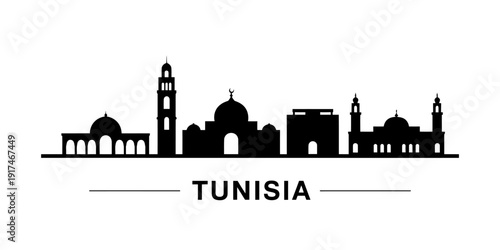 Tunisia city skyline with mosque and buildings in silhouette  urban landscape