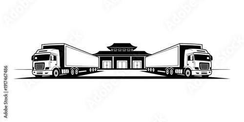 Two semi trucks parked in front of a warehouse loading dock facility