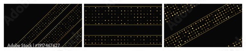 Set of dark backgrounds with golden lines and glittering dots