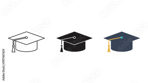 Three graduation caps in different colors and styles Vector