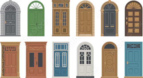 Collection of classic vintage front doors with arched frames, wooden and modern entrance design set isolated on white