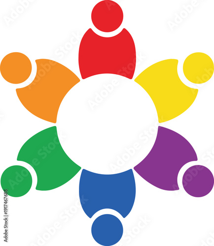 Colorful community circle icon representing diversity and unity with six human figures joined together in a round formation symbolizing teamwork and partnership