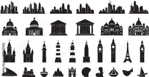 Diverse collection of iconic landmarks and buildings from around the world isolated on white background