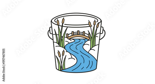 Illustration of a bucket with river.