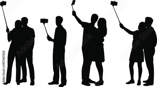 Friends taking selfie with smartphone on stick, people silhouettes capturing photos, social media lifestyle concept isolated on white