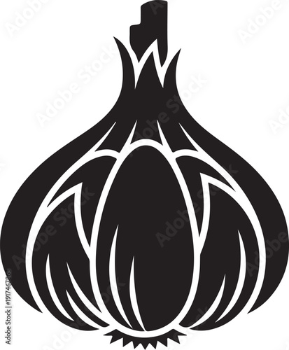 A detailed black and white illustration of a garlic bulb with visible cloves isolated on white background
