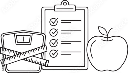 Diet planning with weight scale measuring tape clipboard and apple symbols for healthy lifestyle weight loss management nutrition tracking and wellness concepts