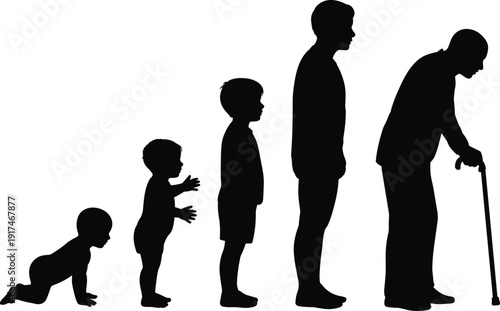 Human life cycle silhouette from baby to elderly man with cane illustrating aging process, growth stages concept isolated background