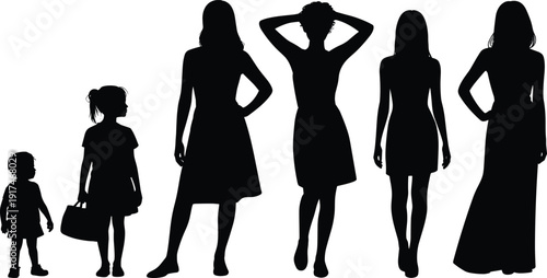 Silhouette lineup of women and children representing life stages, fashion poses, motherhood journey, family growth concept isolated on white