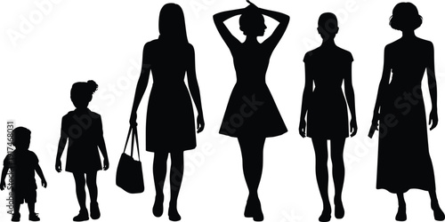 Silhouette collection of diverse female figures and children showing growth stages, fashion, motherhood, lifestyle, vector illustration isolated on white background