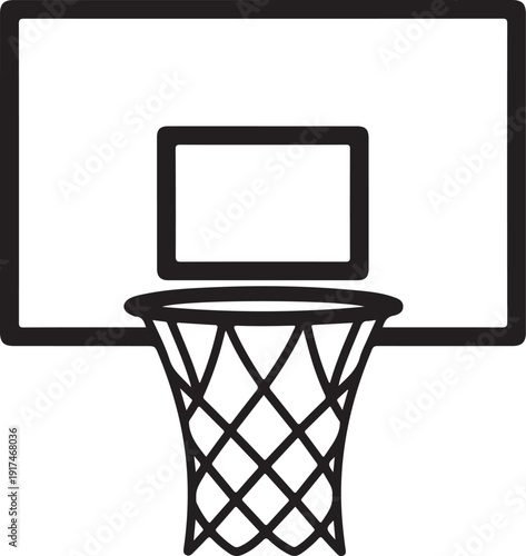 Basketball hoop with a backboard and a net in a simple line drawing isolated on white background