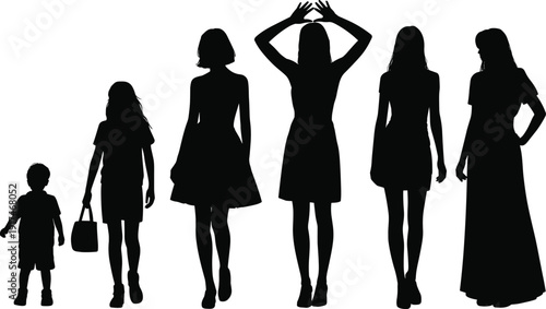 Silhouette sequence of women and child illustrating life stages, fashion styles, motherhood evolution, family growth concept isolated on white