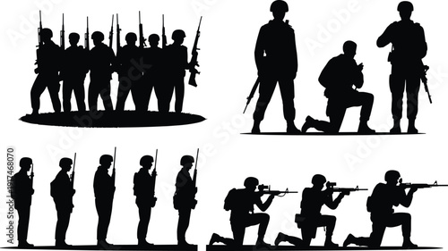 Soldier silhouettes with rifles in formation and combat positions, military team security defense concept isolated on white background
