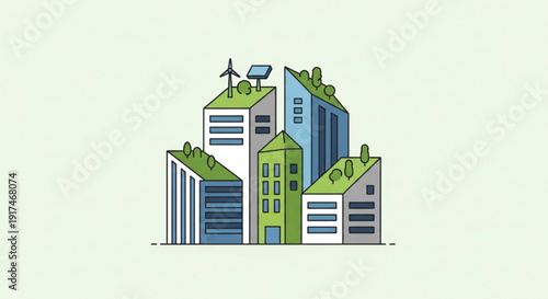 Eco friendly cityscape with green rooftops and sustainable architecture