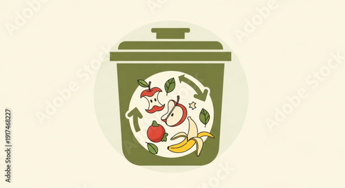 Green compost bin with fruit and vegetable scraps for eco friendly recycling and sustainable living practices