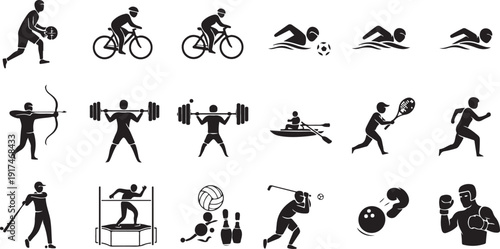Diverse range of sports and activities depicted in simple black and white icons isolated on white background