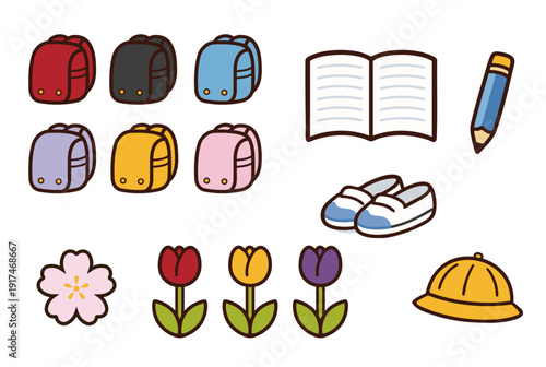 小学校アイコンセット ランドセルとチューリップ 入学イラスト素材