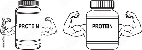 Protein powder containers with muscular arms vector illustration, fitness nutrition supplement bottles, bodybuilding and strength training symbol
