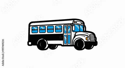 A stylized, cartoon-like depiction of a yellow and black school bus