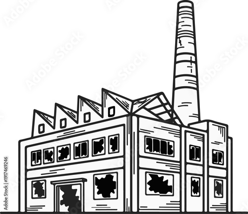 A stark black and white illustration of a dilapidated factory with a tall chimney