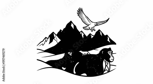 A stark black and white illustration of a mountain range with a bird of prey