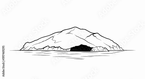 A stark black and white illustration of a rocky island with a dark cave entrance