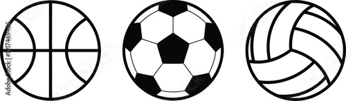 Minimalist black and white line art icons of a basketball, a soccer ball, and a volleyball Vector