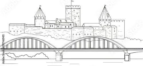 A stark line drawing depicts a medieval fortress atop a hill, with two bridges spanning a river below