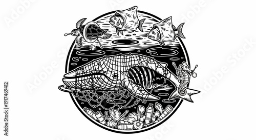 A stark depiction of marine life entangled in plastic and fishing nets, symbolizing pollution